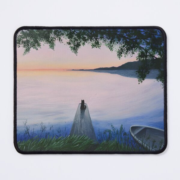 Item preview, Cat on Pier at Peaceful Lake Sunset designed and sold by lanaverera.