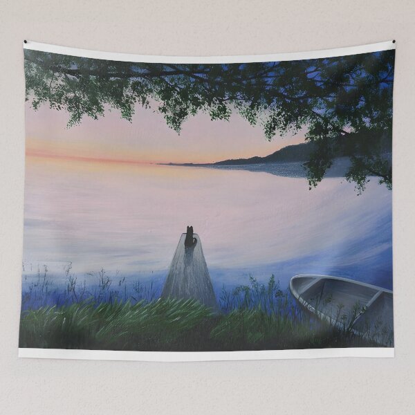 Item preview, Cat on Pier at Peaceful Lake Sunset designed and sold by lanaverera.