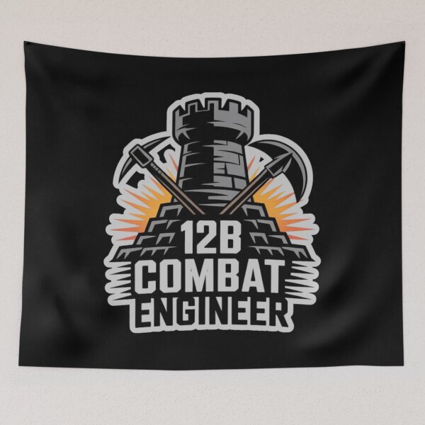 Item preview, 12B Combat Engineer — Castle Tower Emblem with Crossed Pickaxes and Explosion U.S. Army MOS Graphic White Outline designed and sold by GFamilyC.