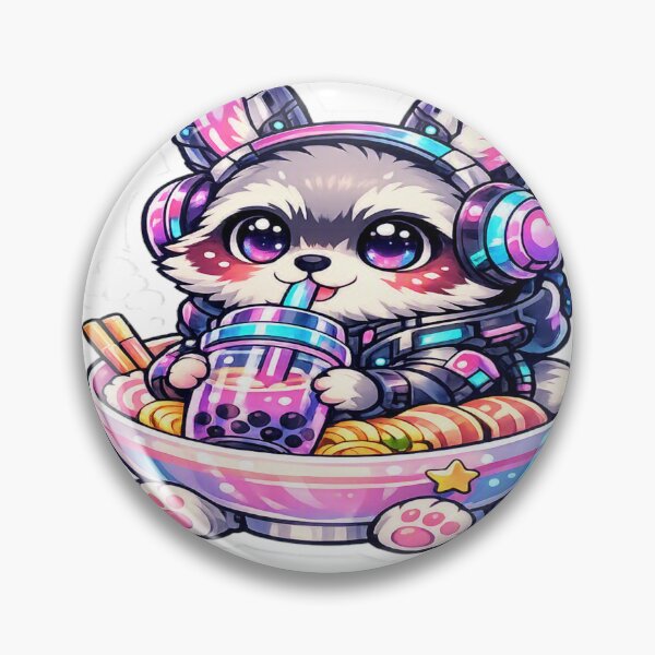 Item preview, Cyberpunk Kawaii Raccoon with Boba Tea and Ramen Bowl Sticker designed and sold by CyberPaws Art.