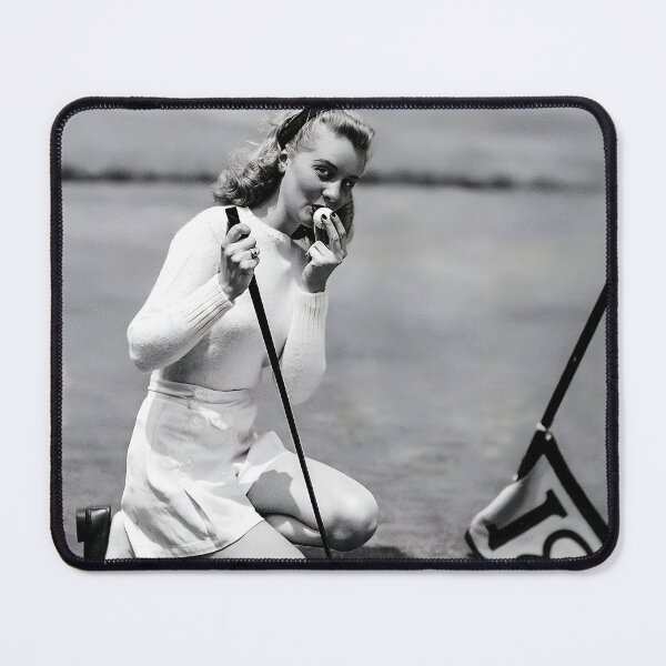 Item preview, Lips out, young woman kissing the golf ball for good luck funny humorous golfing vintage black and white photograph designed and sold by Astrid Arkhangelsky.