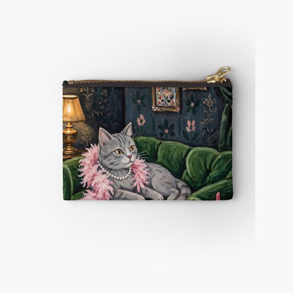 Item preview, Chic Gray Tabby Cat with Pink Feather Boa and Pearls on Green Velvet Sofa - Coquette Luxury Oil Painting designed and sold by avyraofficial.