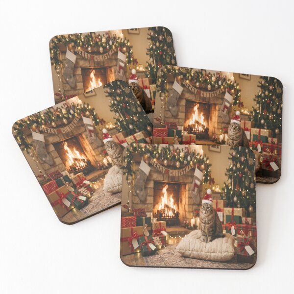 Item preview, Cute Christmas Cat Wearing Santa Hat Fireplace Holiday Art designed and sold by AfresStudio.