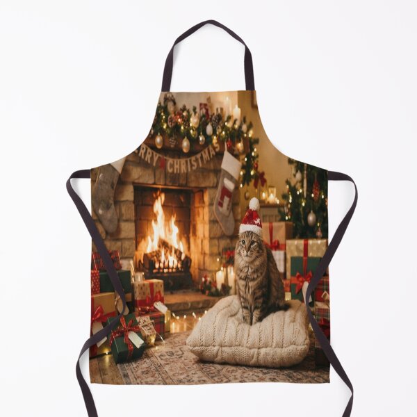 Item preview, Cute Christmas Cat Wearing Santa Hat Fireplace Holiday Art designed and sold by AfresStudio.