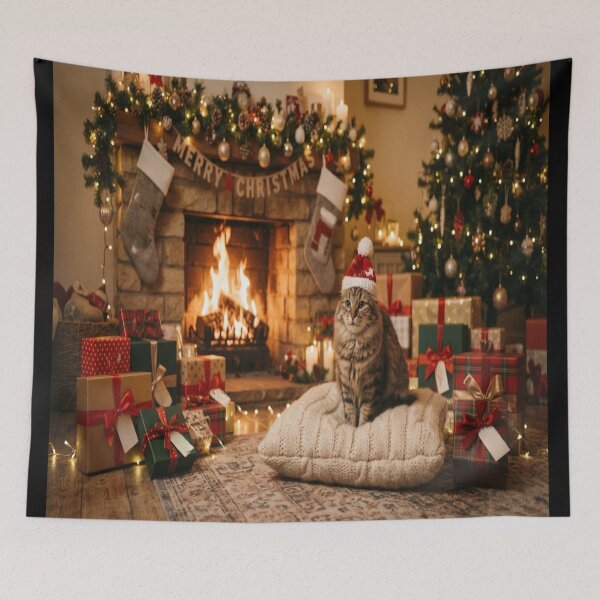 Item preview, Cute Christmas Cat Wearing Santa Hat Fireplace Holiday Art designed and sold by AfresStudio.