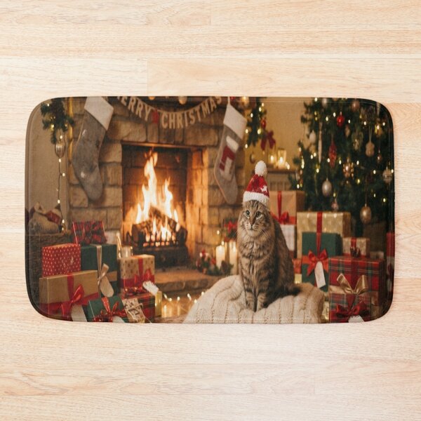 Item preview, Cute Christmas Cat Wearing Santa Hat Fireplace Holiday Art designed and sold by AfresStudio.