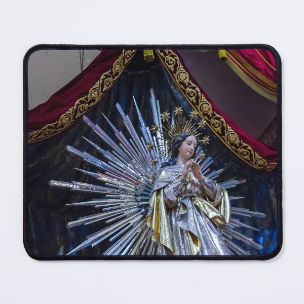 Item preview, Religious Statue of Virgin Mary with Radiant Halo and Ornate Robes on Velvet Backdrop designed and sold by Nmallia.