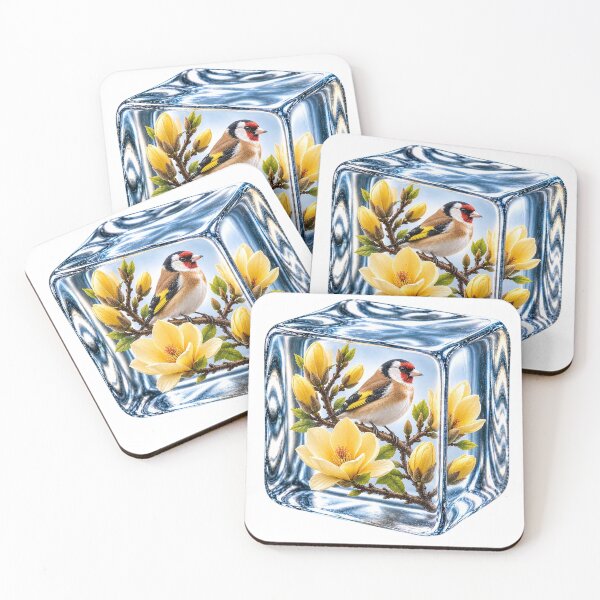 Item preview, European Goldfinch in Crystal Ice Cube with Yellow Magnolia Flowers designed and sold by MichalHau.
