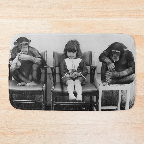 Item preview, See no evil, hear no evil, say no evil funny little girl drinking soda with baby chimps funny humorous black and white photograph designed and sold by Astrid Arkhangelsky.