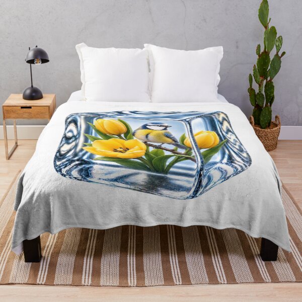 Item preview, Blue Tit Bird in Crystal Ice Cube with Golden Tulips designed and sold by MichalHau.