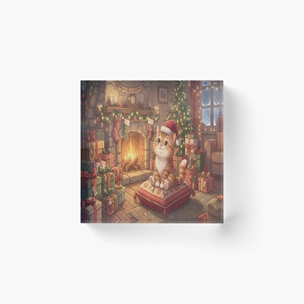 Item preview, Magical Christmas Kitten Wearing Santa Hat by Fireplace Art designed and sold by AfresStudio.