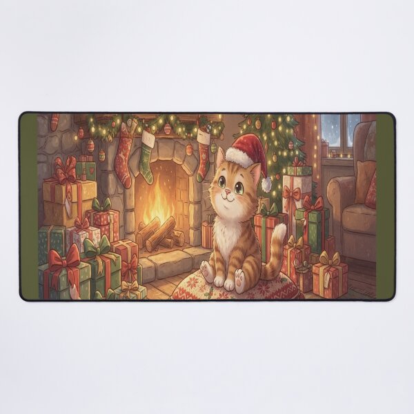 Item preview, Magical Christmas Kitten Wearing Santa Hat by Fireplace Art designed and sold by AfresStudio.