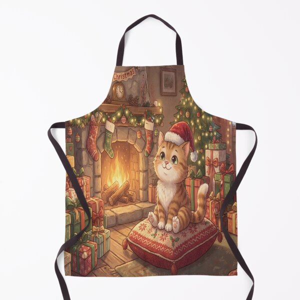 Item preview, Magical Christmas Kitten Wearing Santa Hat by Fireplace Art designed and sold by AfresStudio.
