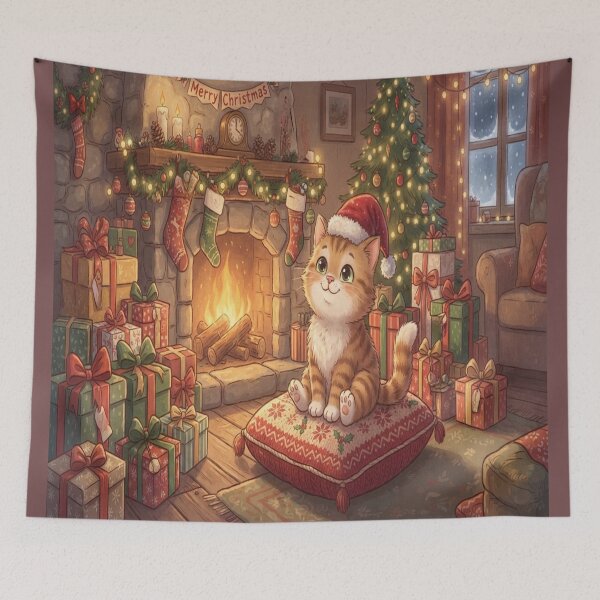 Item preview, Magical Christmas Kitten Wearing Santa Hat by Fireplace Art designed and sold by AfresStudio.