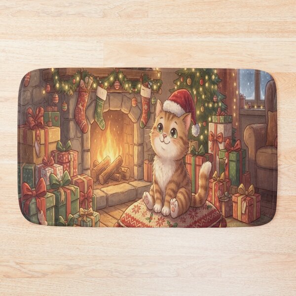 Item preview, Magical Christmas Kitten Wearing Santa Hat by Fireplace Art designed and sold by AfresStudio.