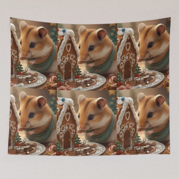 Item preview, Adorable Hamster Examining Miniature Gingerbread House Christmas Art designed and sold by VibranPalette.
