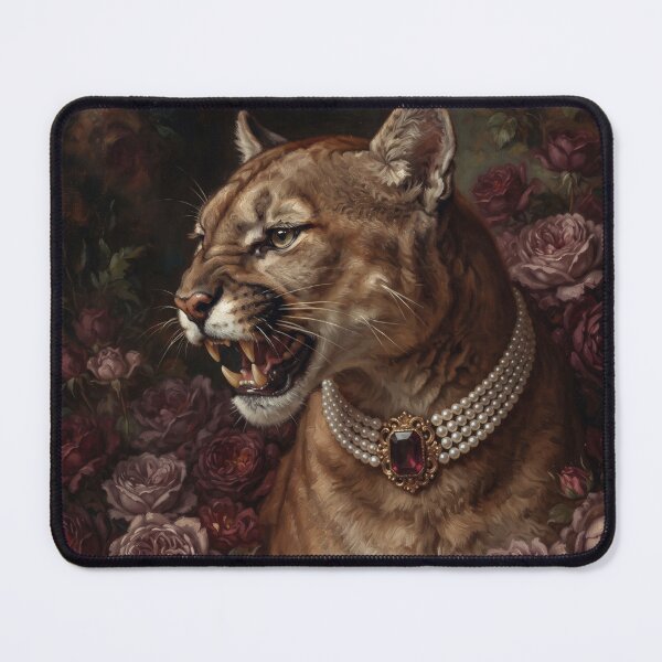 Item preview, Fierce Cougar Portrait with Ruby Pearl Necklace designed and sold by Real Beast Art.