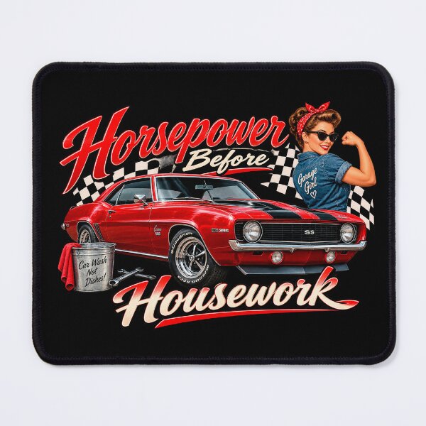 Item preview, Horsepower Before Housework – Classic Muscle Car Girl designed and sold by TZehrfeldPhotos.