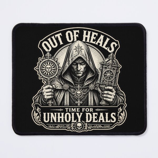 Item preview, Out Of Heals Unholy Deals - Funny Cleric Woodcut Shirt designed and sold by Dice_Goblin_Studio.