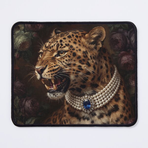 Item preview, Fierce Leopard Portrait with Sapphire Pearl Necklace designed and sold by Real Beast Art.