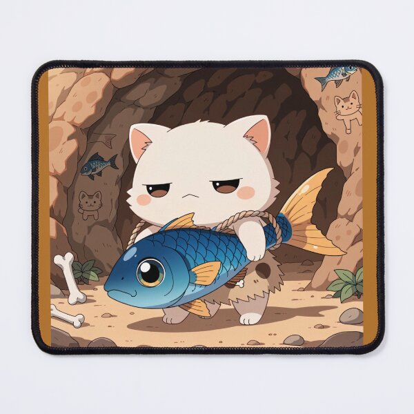 Item preview, Funny Cave Cat Carrying a Giant Fish – Cute Prehistoric Cat Adventure designed and sold by Mousy17.