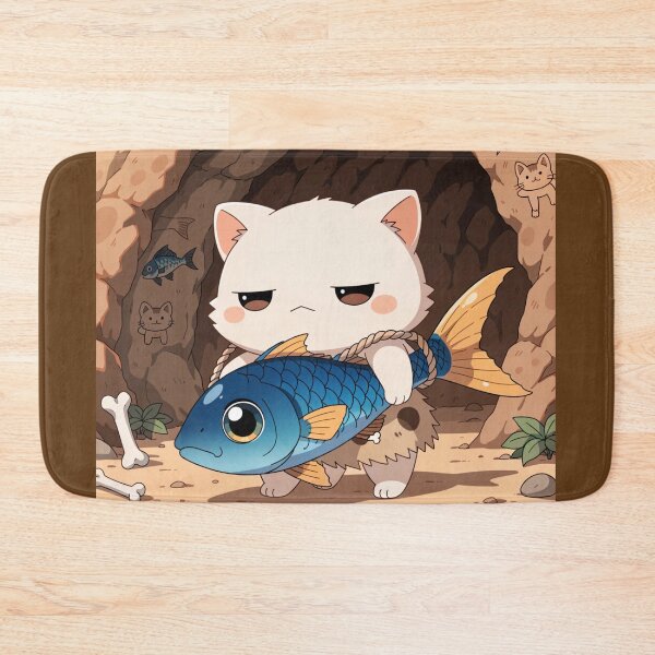 Item preview, Funny Cave Cat Carrying a Giant Fish – Cute Prehistoric Cat Adventure designed and sold by Mousy17.
