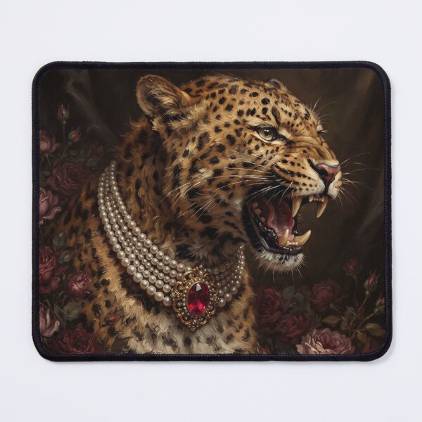 Item preview, Fierce Leopard Portrait with Ruby Pearl Necklace designed and sold by Real Beast Art.