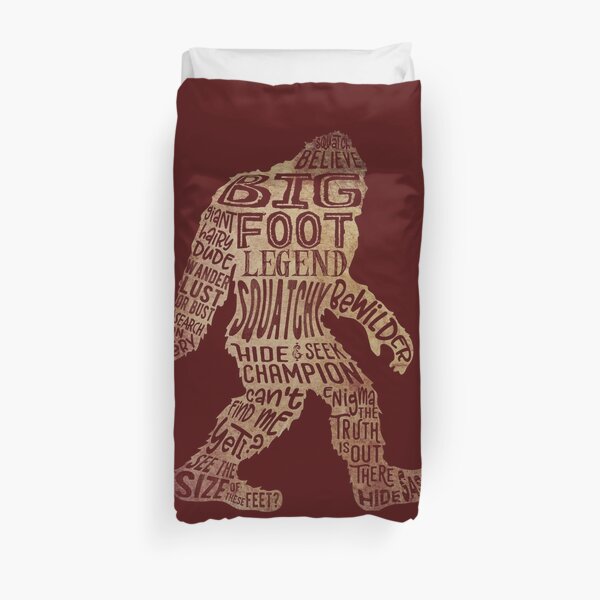 Funny Bigfoot, Sasquatch Silhouette Words in Brown Duvet Cover
