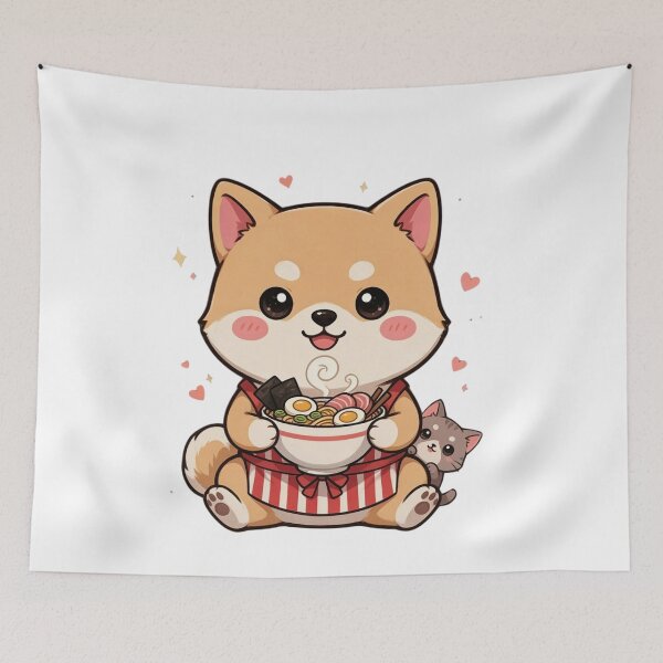 Item preview, Kawaii Shiba Inu Eating Ramen with Cute Kitten designed and sold by Designorado.