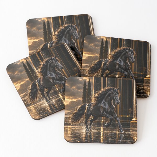 Item preview, Majestic Black Friesian Horse at Golden Sunset – Luxury Fantasy Equestrian Art designed and sold by ZYVARENNE.