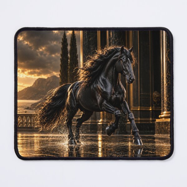 Item preview, Majestic Black Friesian Horse at Golden Sunset – Luxury Fantasy Equestrian Art designed and sold by ZYVARENNE.