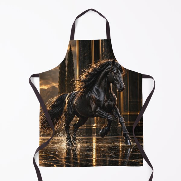 Artikelvorschau, Majestätisches schwarzes Friesenpferd im goldenen Sonnenuntergang – Luxuriöse Fantasy-Reitkunst entworfen und verkauft von ZYVARENNE.