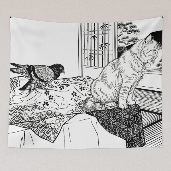 Item preview, Cat, pigeon, animal, love, peace, black and white, Japan designed and sold by citravisuel.
