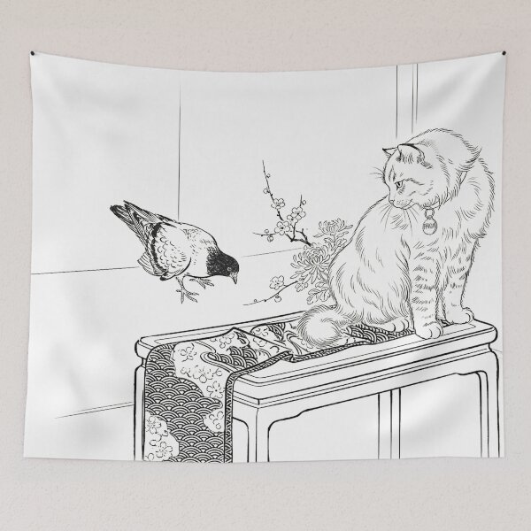 Item preview, Cat, pigeon, animal, love, peace, black and white, Japan designed and sold by citravisuel.