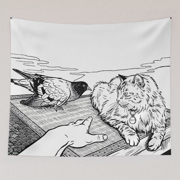 Item preview, Cat, pigeon, animal, love, peace, black and white, Japan designed and sold by citravisuel.
