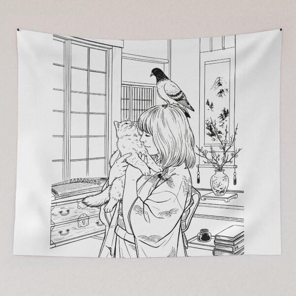 Item preview, Cat, pigeon, animal, love, peace, black and white, Japan designed and sold by citravisuel.