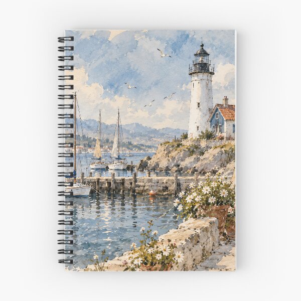 Item preview, Coastal Watercolour Painting Lighthouse Harbour Blue Mediterranean designed and sold by Jozefin's Studio.