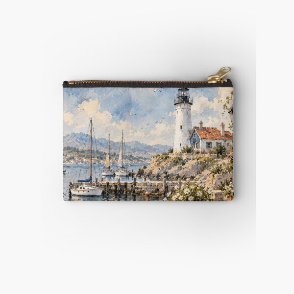 Item preview, Coastal Watercolour Painting Lighthouse Harbour Blue Mediterranean designed and sold by Jozefin's Studio.