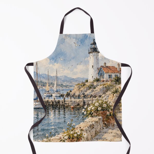 Item preview, Coastal Watercolour Painting Lighthouse Harbour Blue Mediterranean designed and sold by Jozefin's Studio.