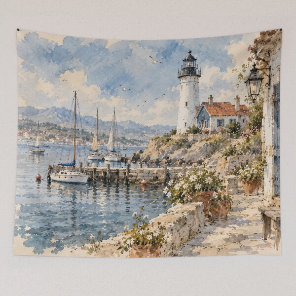 Item preview, Coastal Watercolour Painting Lighthouse Harbour Blue Mediterranean designed and sold by Jozefin's Studio.