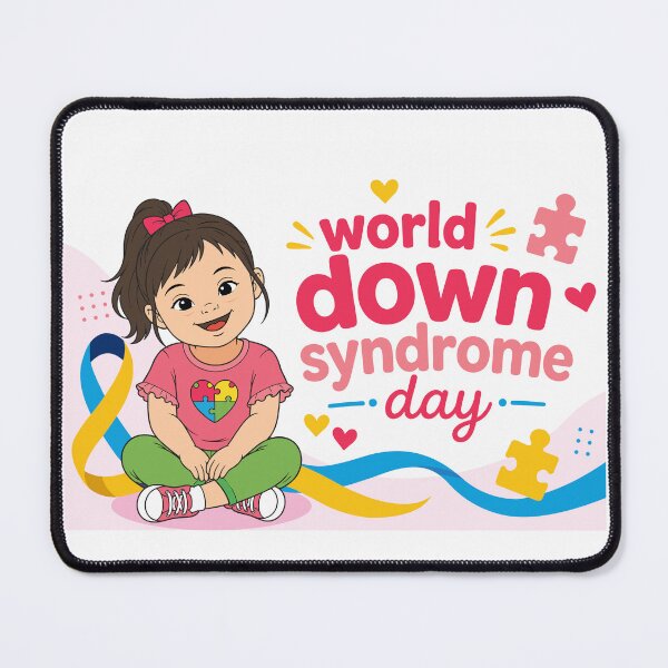 Item preview, World Down Syndrome Day banner with happy girl, colorful puzzle pieces and awareness symbols designed and sold by JrNergal.