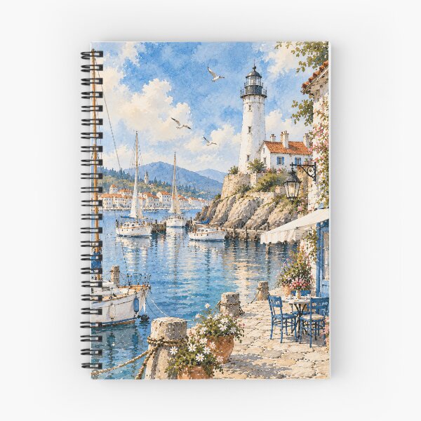 Item preview, Mediterranean Harbour Watercolour Lighthouse Sailboat Coastal Scene designed and sold by Jozefin's Studio.