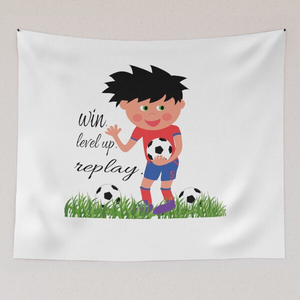 Item preview, Cute Kids Soccer Player Illustration with "Win Level Up Replay" Typography designed and sold by Carftora786.