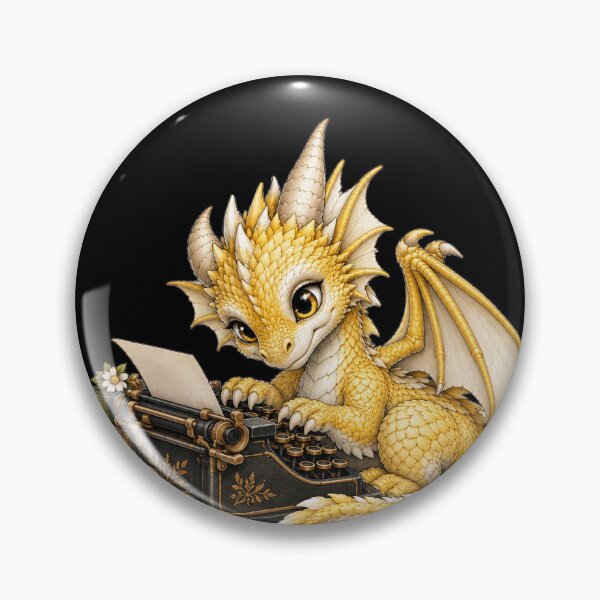 Item preview, Cute Golden Baby Dragon Writing at a Vintage Typewriter | Cozy Fantasy Writer designed and sold by Hatchling Hollow.