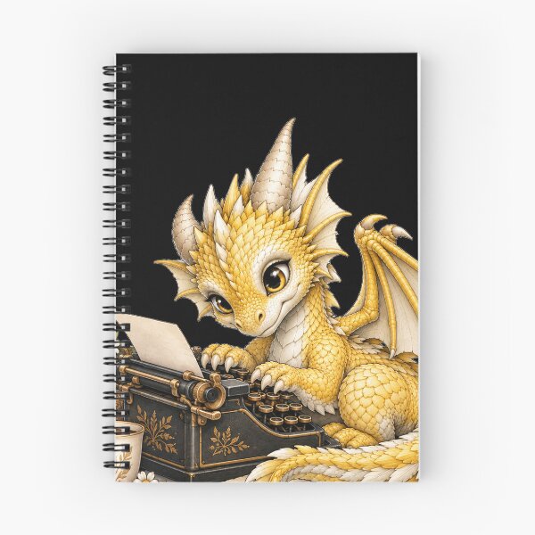 Item preview, Cute Golden Baby Dragon Writing at a Vintage Typewriter | Cozy Fantasy Writer designed and sold by Hatchling Hollow.