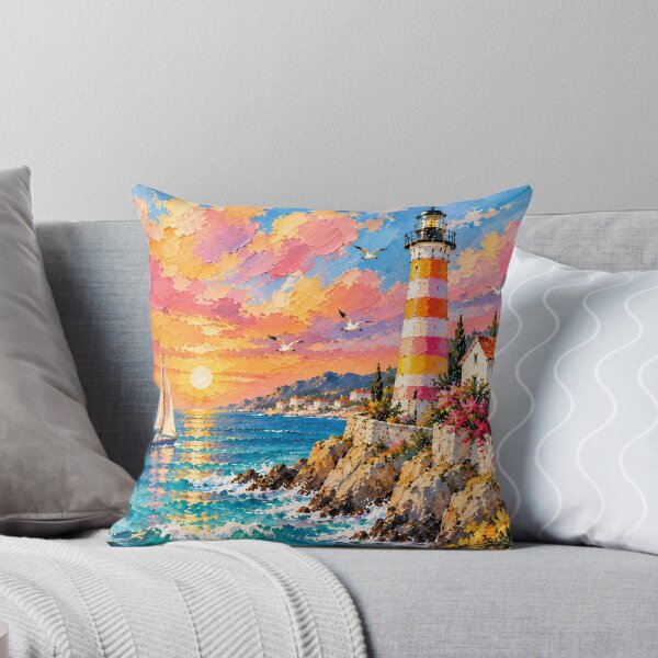 Item preview, Coastal Lighthouse Oil Painting Sunset Mediterranean Sea designed and sold by Jozefin's Studio.