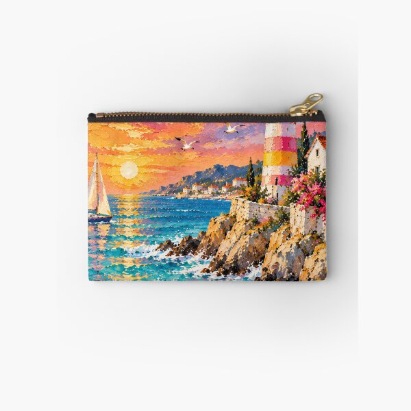 Item preview, Coastal Lighthouse Oil Painting Sunset Mediterranean Sea designed and sold by Jozefin's Studio.