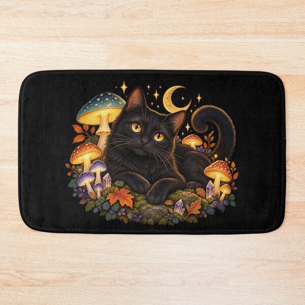 Item preview, Black Moon Cat in the Glowing Mushroom Garden designed and sold by SasukiMedia.