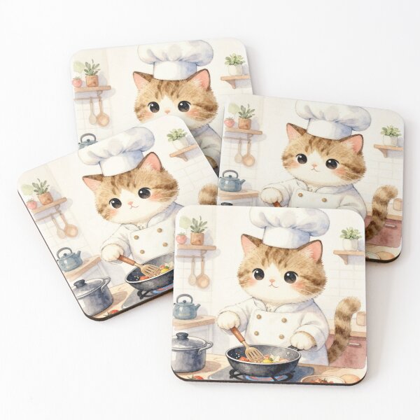 Item preview, Kawaii Cat cooking with chef hat – Watercolor designed and sold by Ponted.