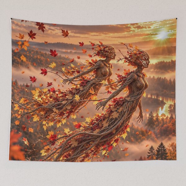 Item preview, Two Autumn Tree Spirits Flying Over Forest designed and sold by JUTElCONIC.